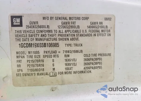 2003 Chevrolet Astro from USA, damaged, VIN 1GCDM19X03B106985